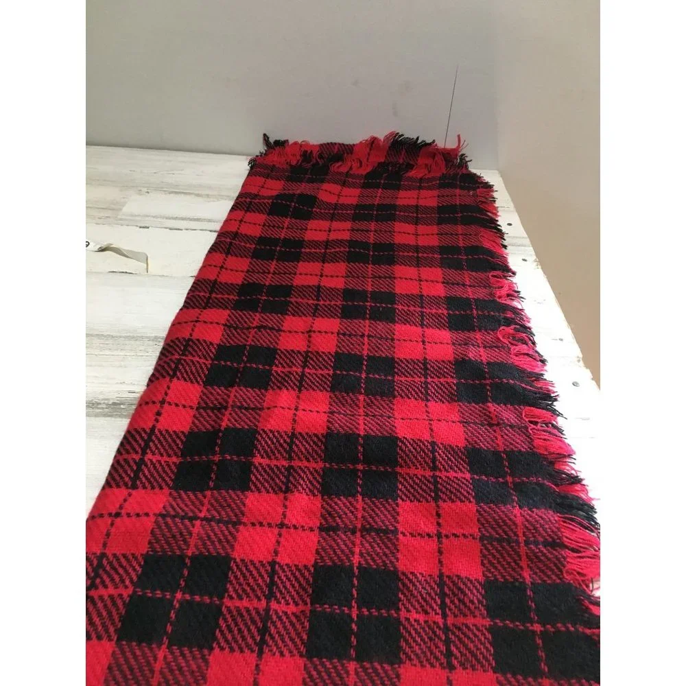Black red plaid blanket scarf wrap with fringe approximately 51”x58”